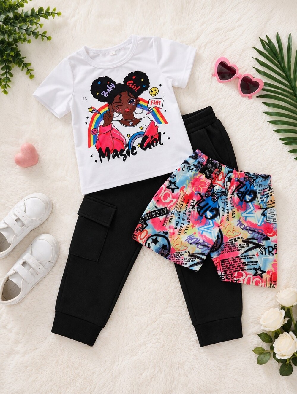 Toddler Girls Size 110 3Pc Outfit Set Graphic Cargo Graffiti Multicolor Casual
